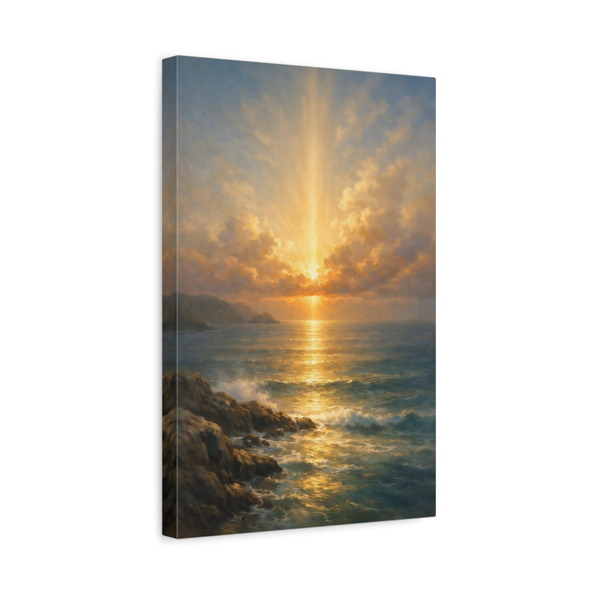 Side Mockup 4. Nature Ocean Sunset Golden Seascape shown as stretched canvas wall art