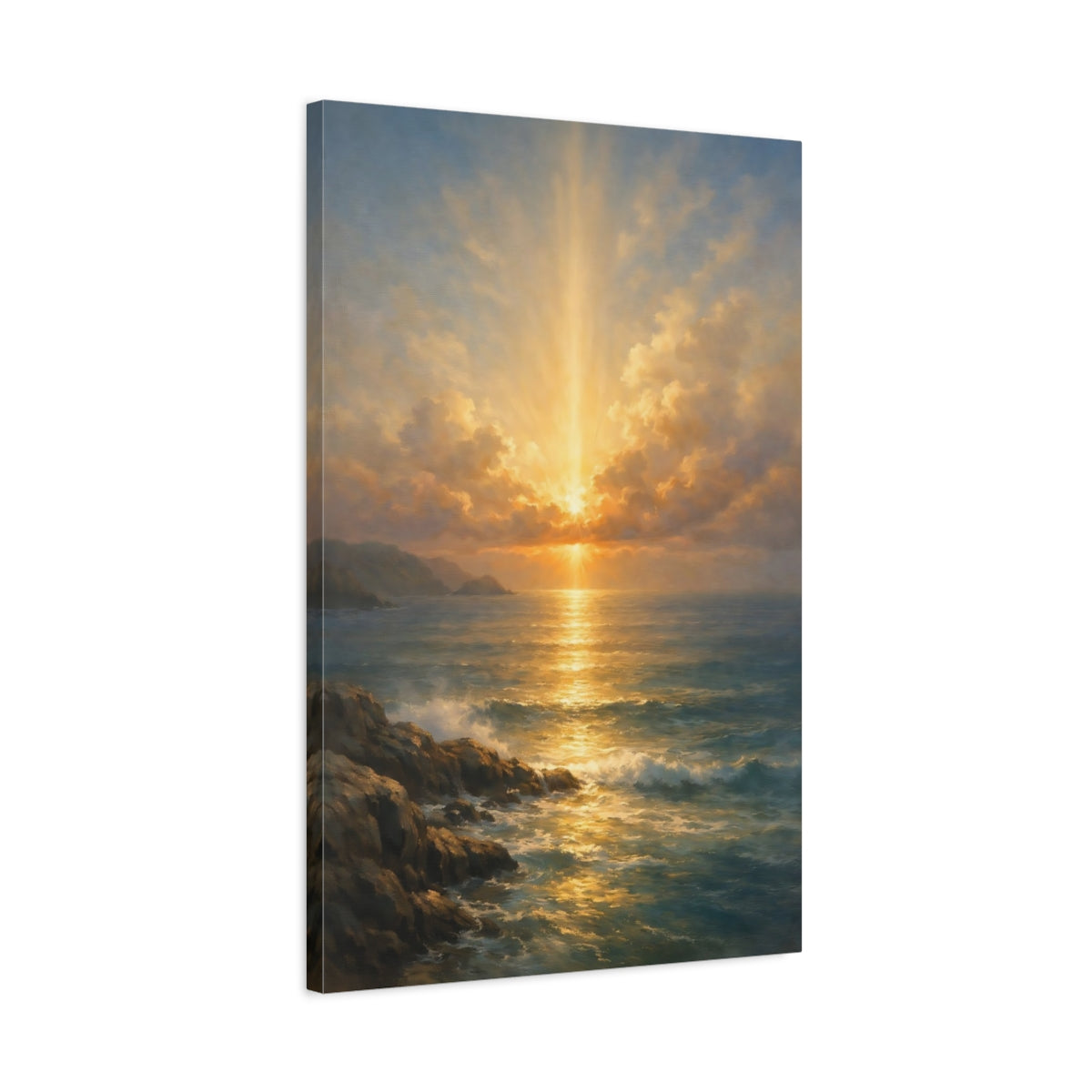 Side Mockup 2. Nature Ocean Sunset Golden Seascape shown as stretched canvas wall art
