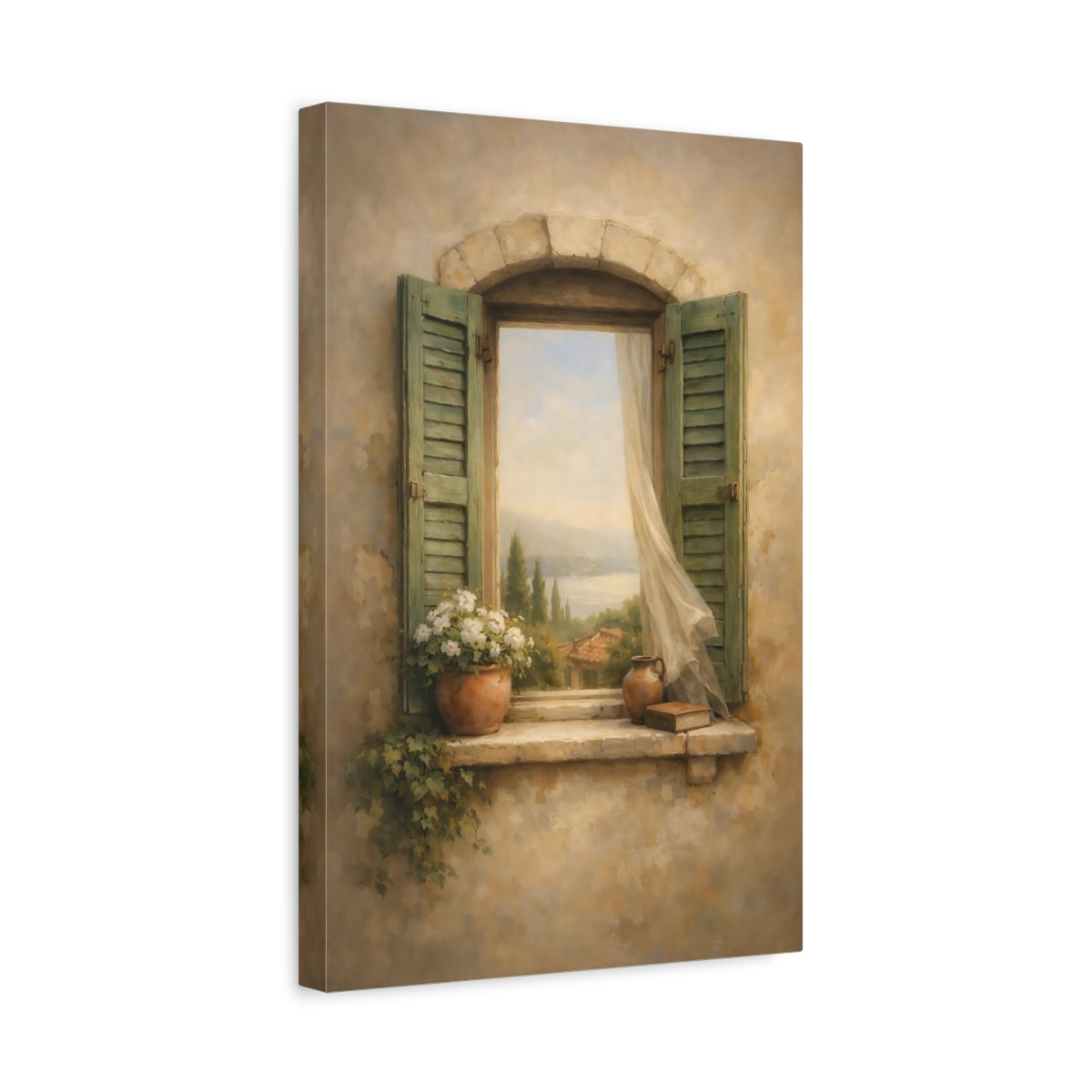 Side Mockup 4. Nature Window View Mediterranean Window shown as stretched canvas wall art