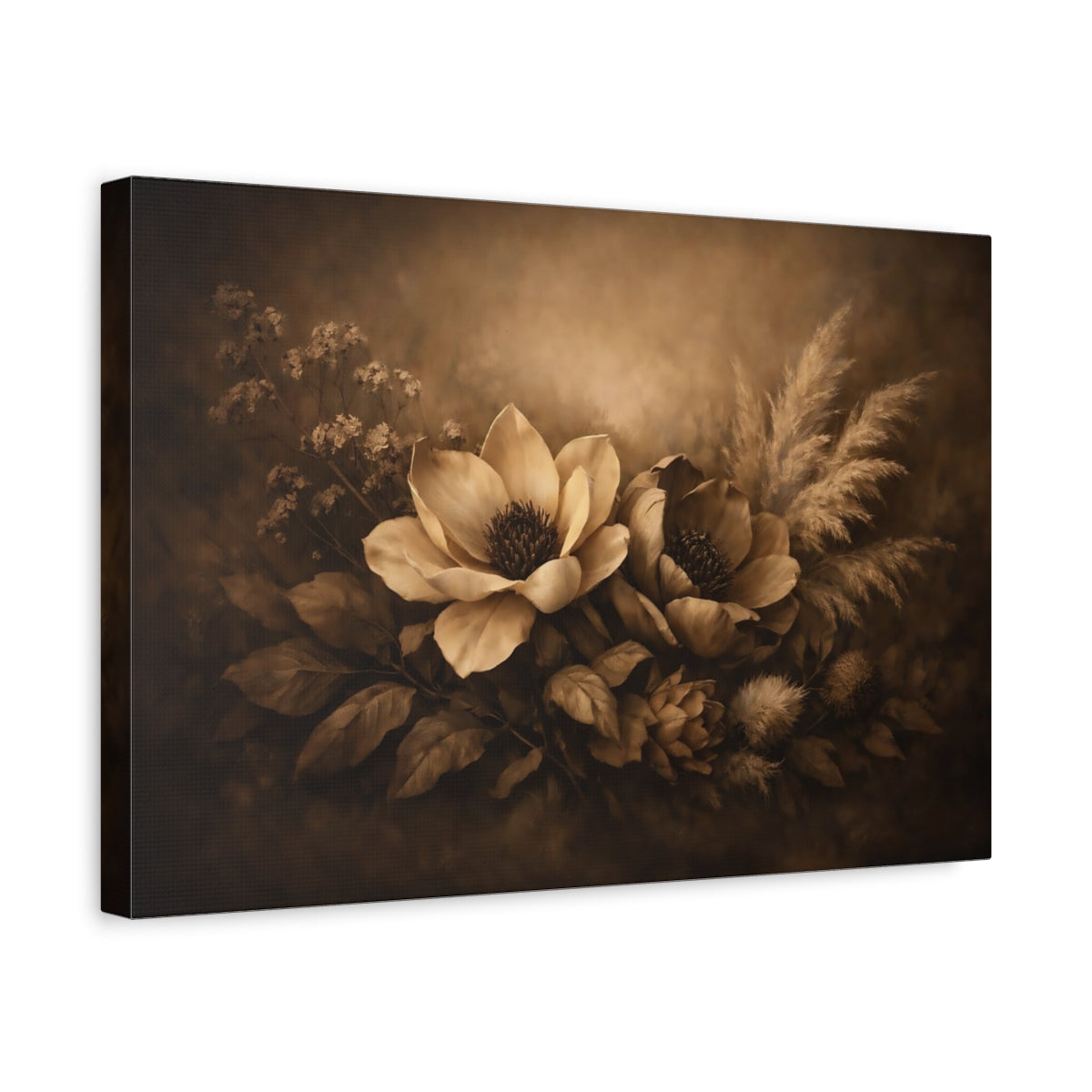 Dark Dramatic Botanical Beige Magnolia Flowers Floral - Canvas Wall Art Print