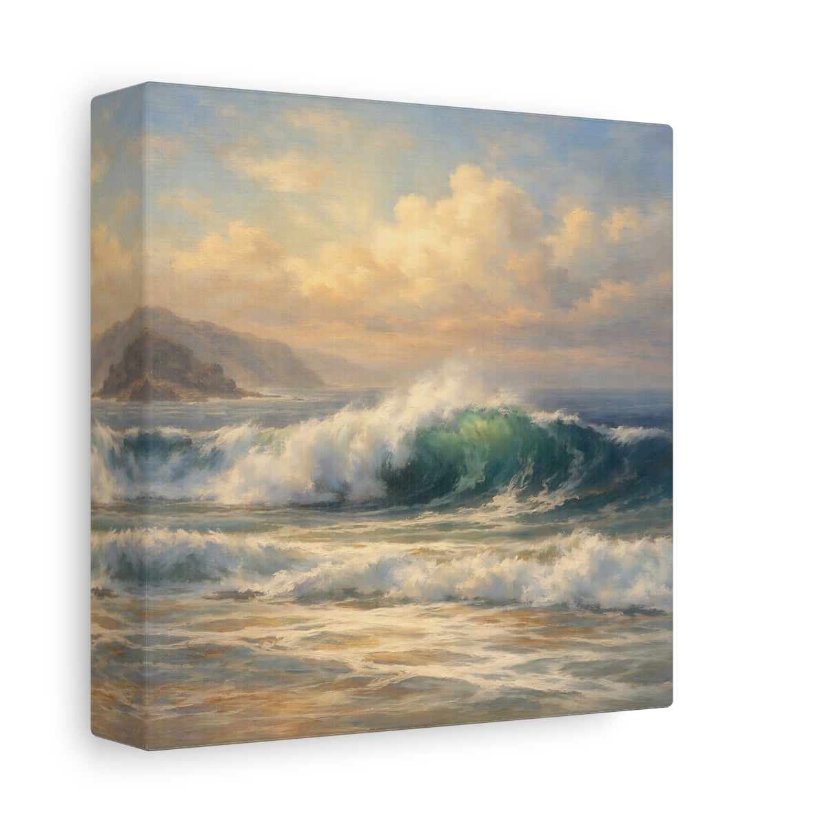 Side Mockup 1. Nature Ocean Wave Blue And Gold shown as stretched canvas wall art