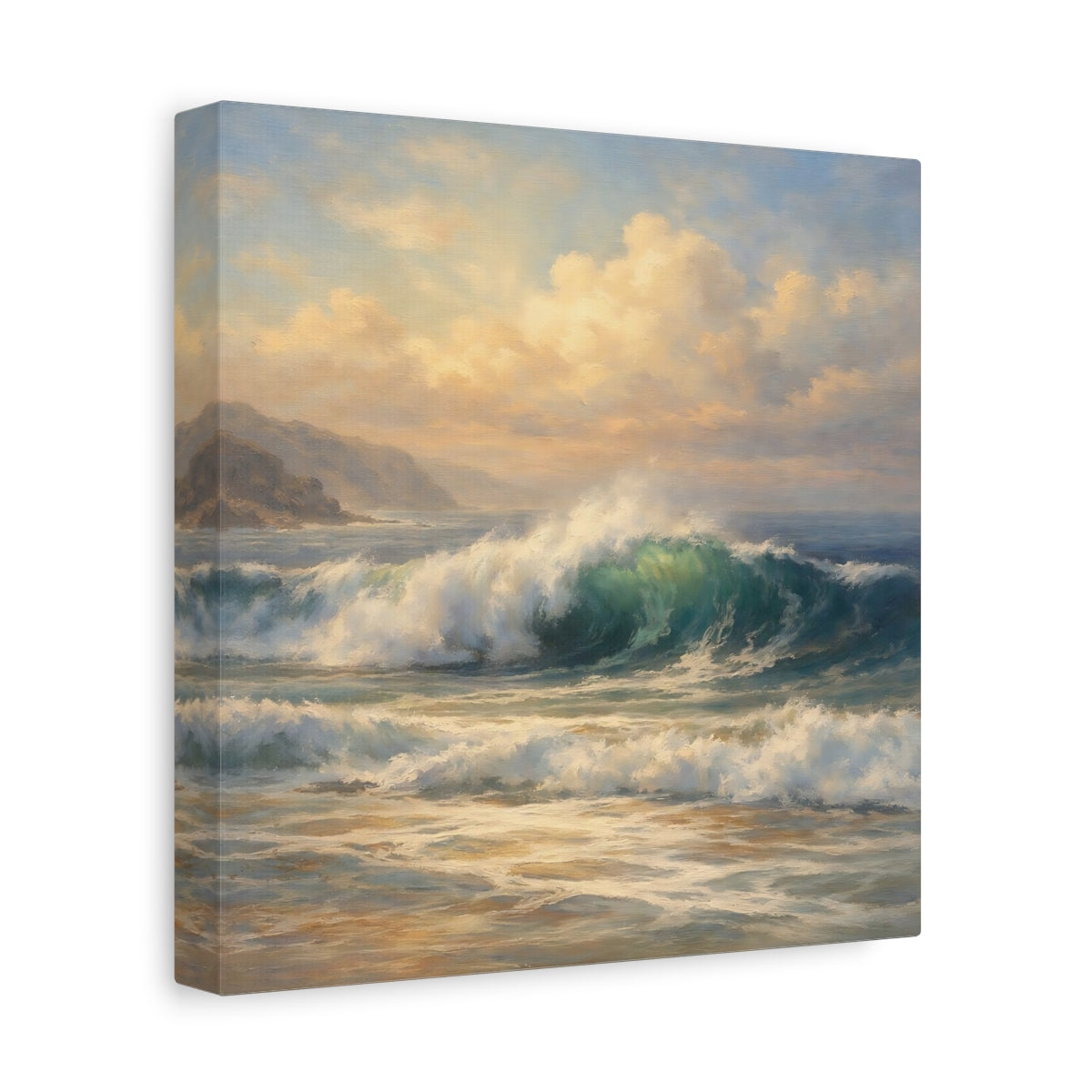 Side Mockup 9. Nature Ocean Wave Blue And Gold shown as stretched canvas wall art