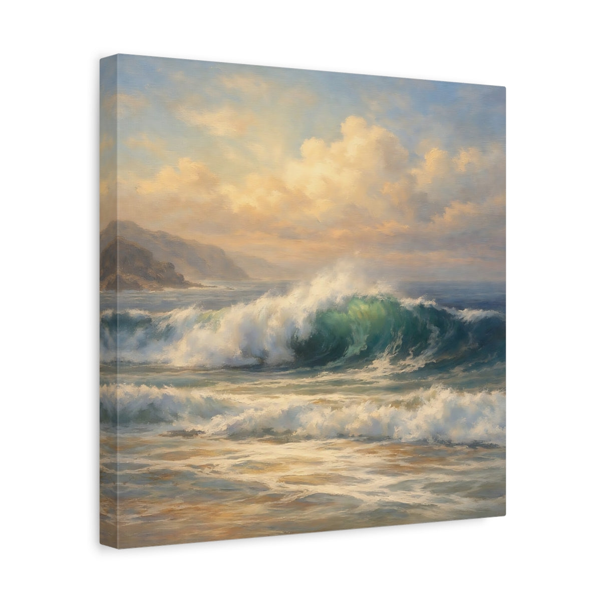 Side Mockup 7. Nature Ocean Wave Blue And Gold shown as stretched canvas wall art