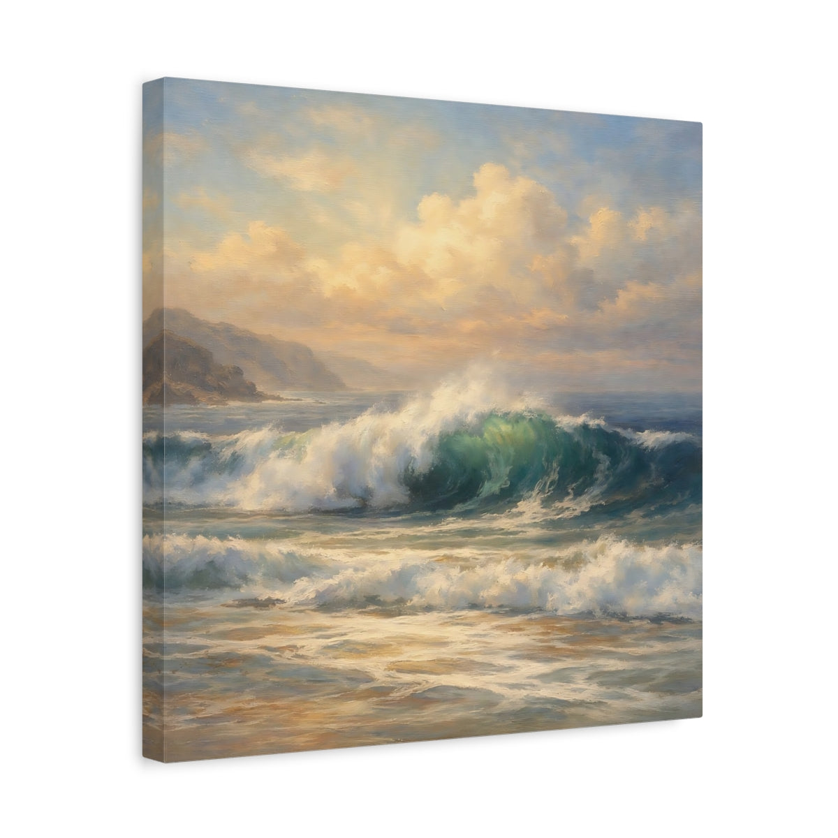 Side Mockup 6. Nature Ocean Wave Blue And Gold shown as stretched canvas wall art