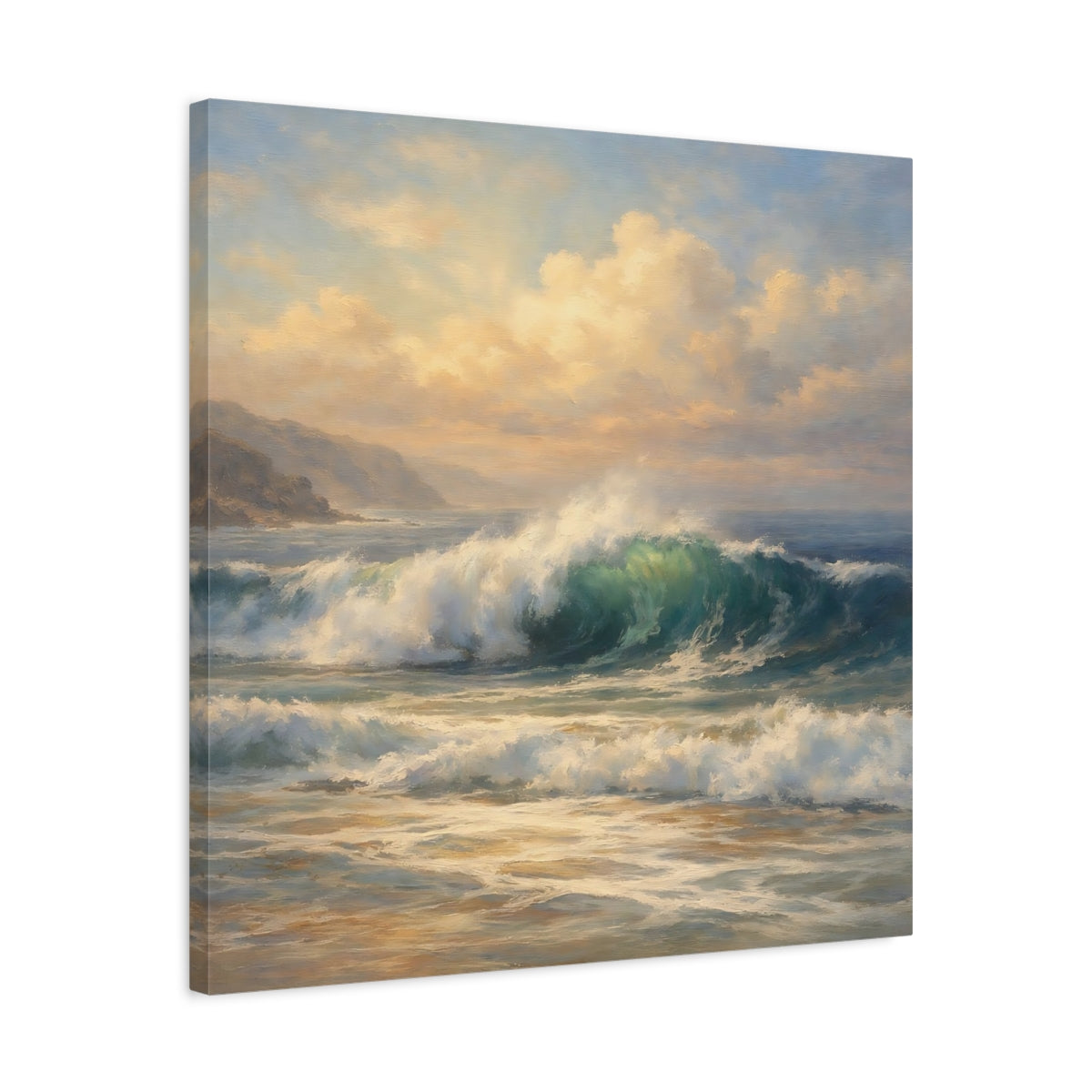 Side Mockup 4. Nature Ocean Wave Blue And Gold shown as stretched canvas wall art