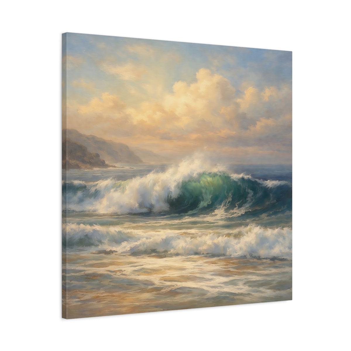 Side Mockup 3. Nature Ocean Wave Blue And Gold shown as stretched canvas wall art