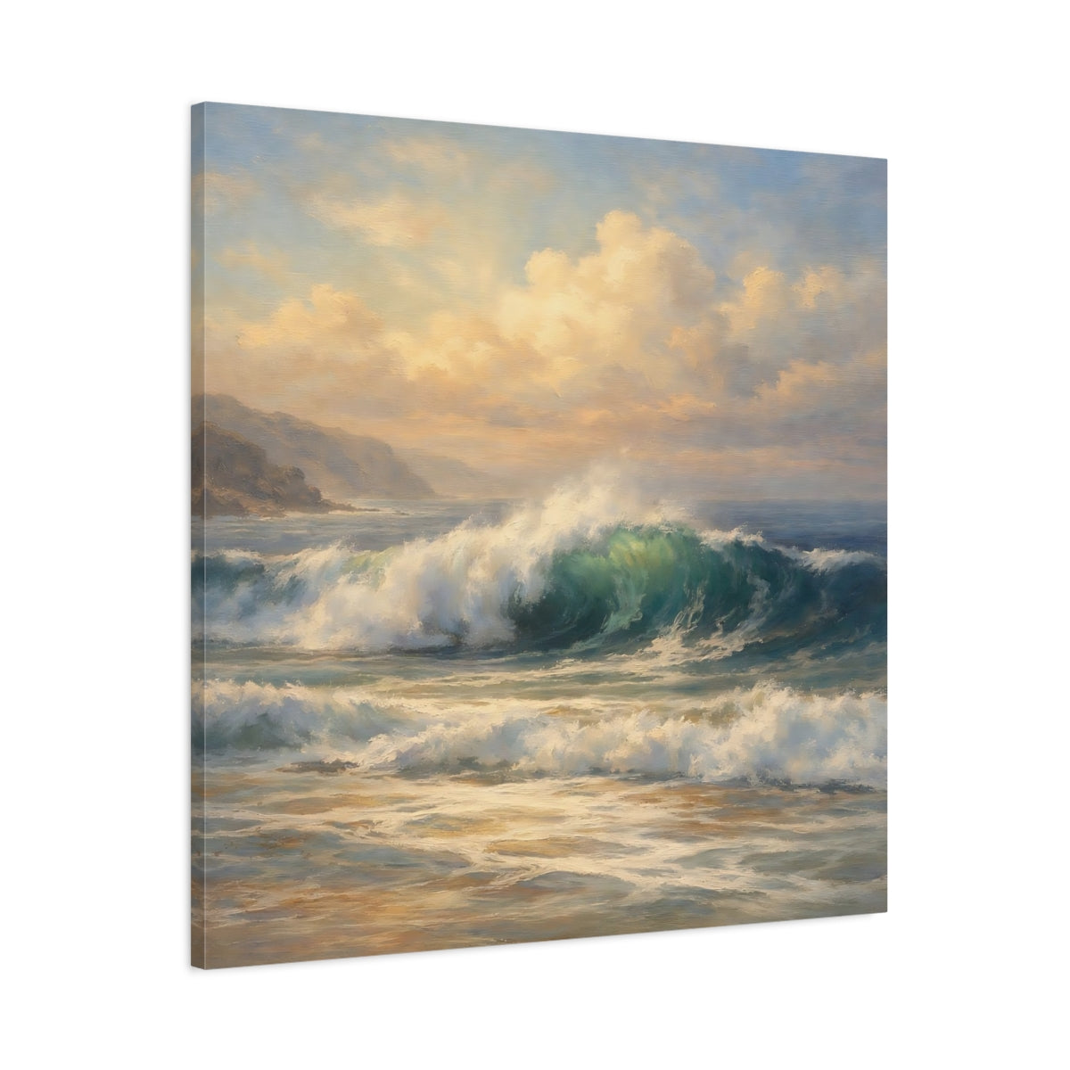 Side Mockup 2. Nature Ocean Wave Blue And Gold shown as stretched canvas wall art