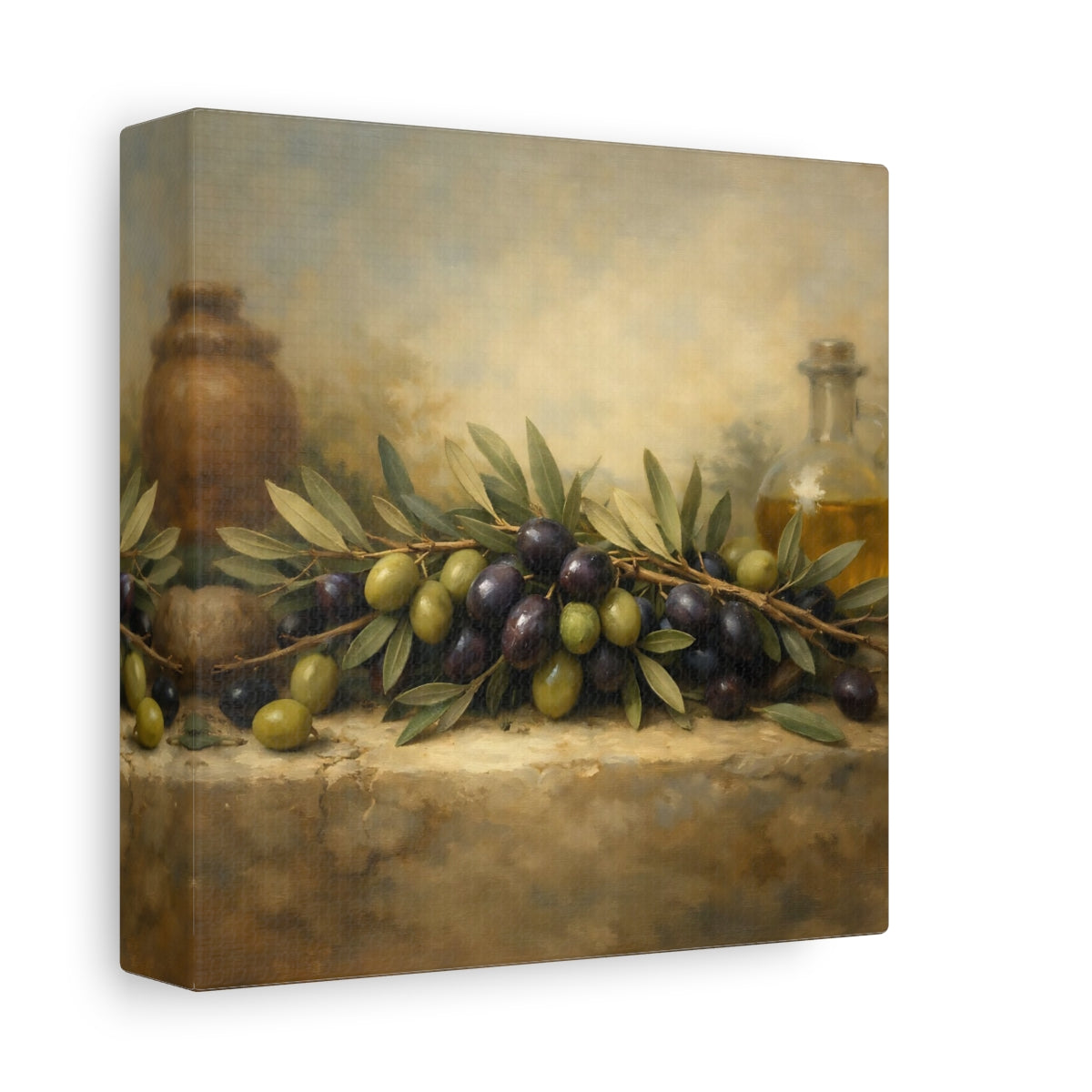 Side Mockup 1. Nature Olives Green And Purple Olives shown as stretched canvas wall art
