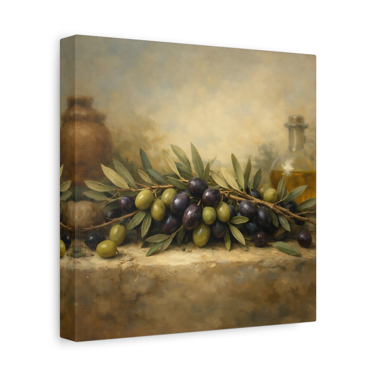 Side Mockup 9. Nature Olives Green And Purple Olives shown as stretched canvas wall art