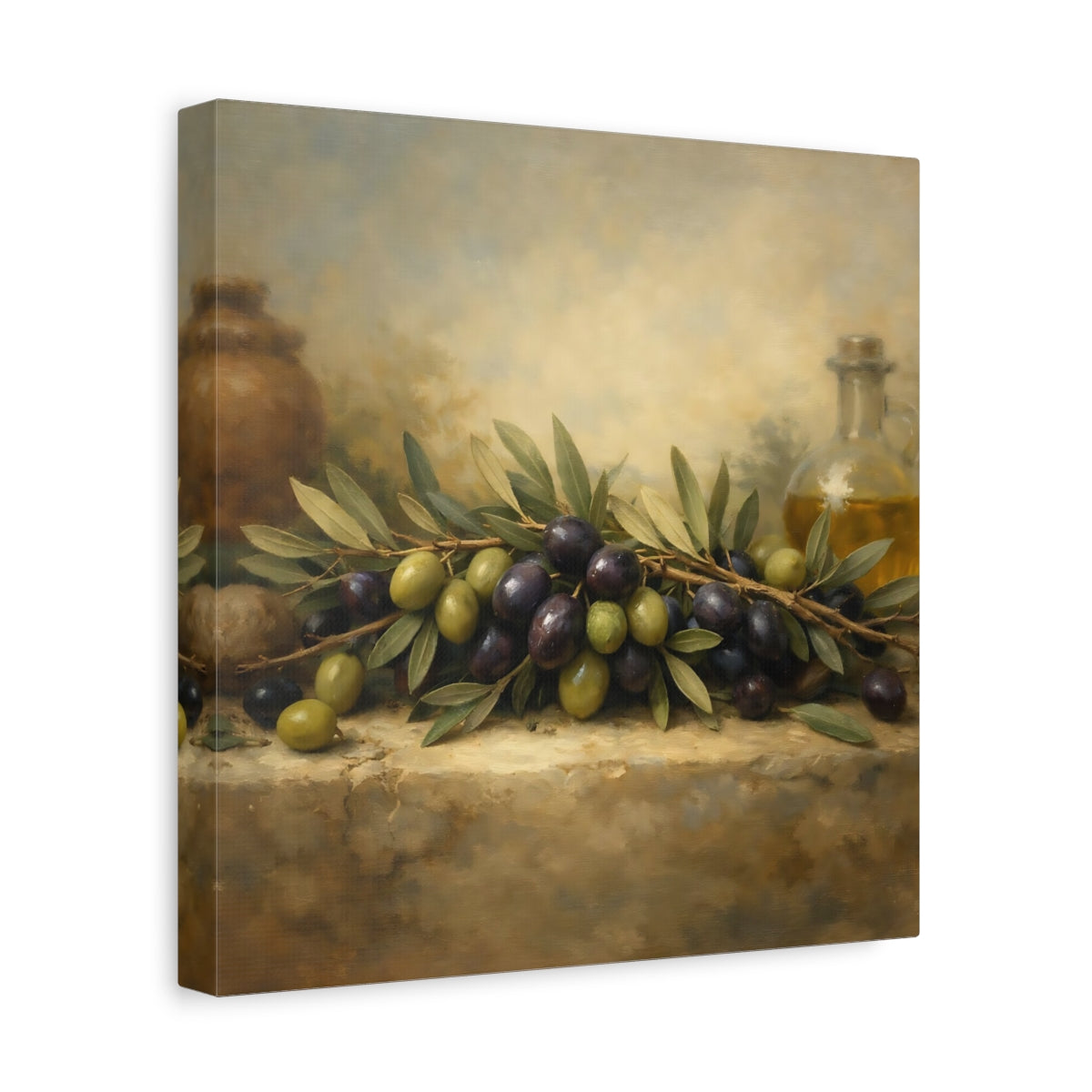 Side Mockup 8. Nature Olives Green And Purple Olives shown as stretched canvas wall art