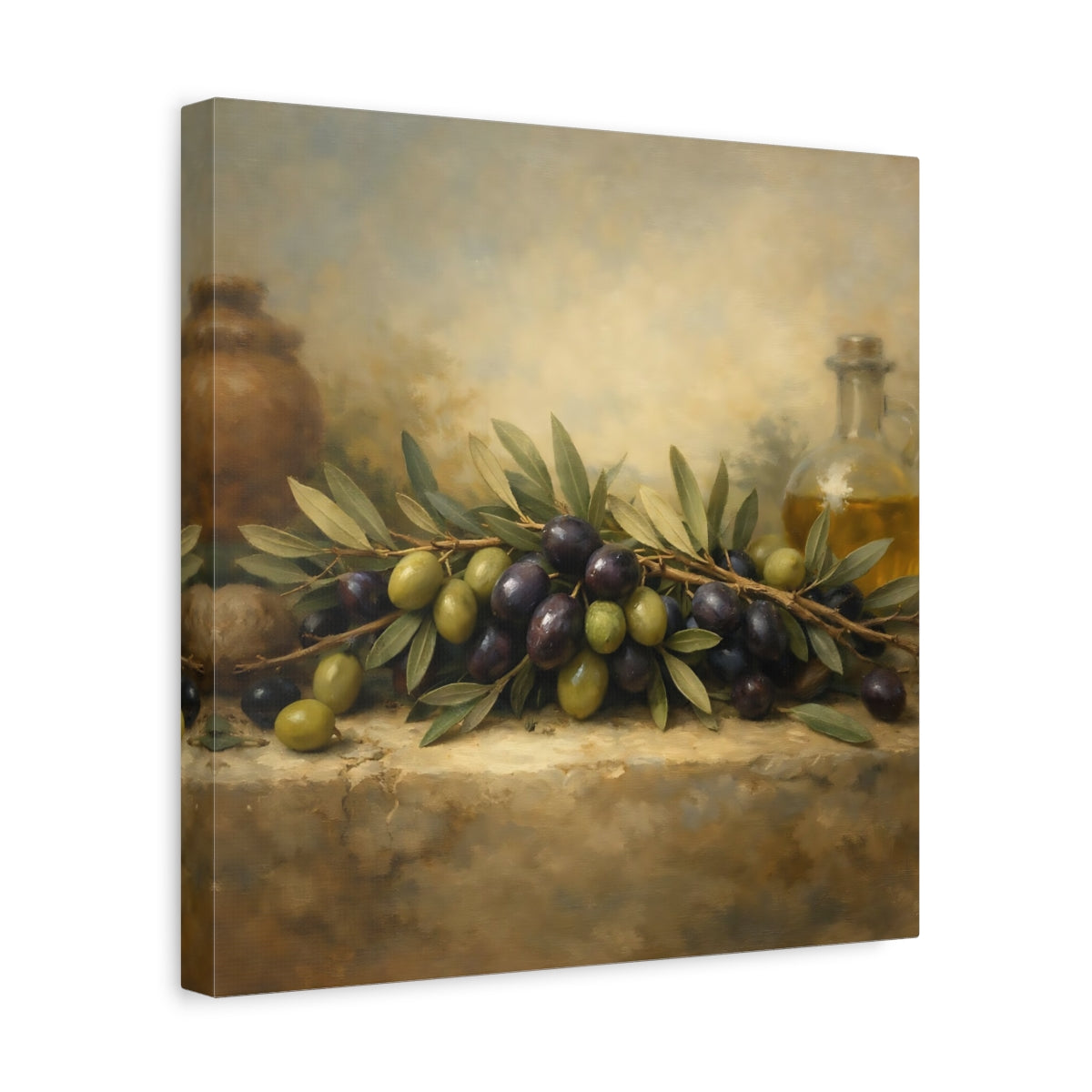 Side Mockup 7. Nature Olives Green And Purple Olives shown as stretched canvas wall art