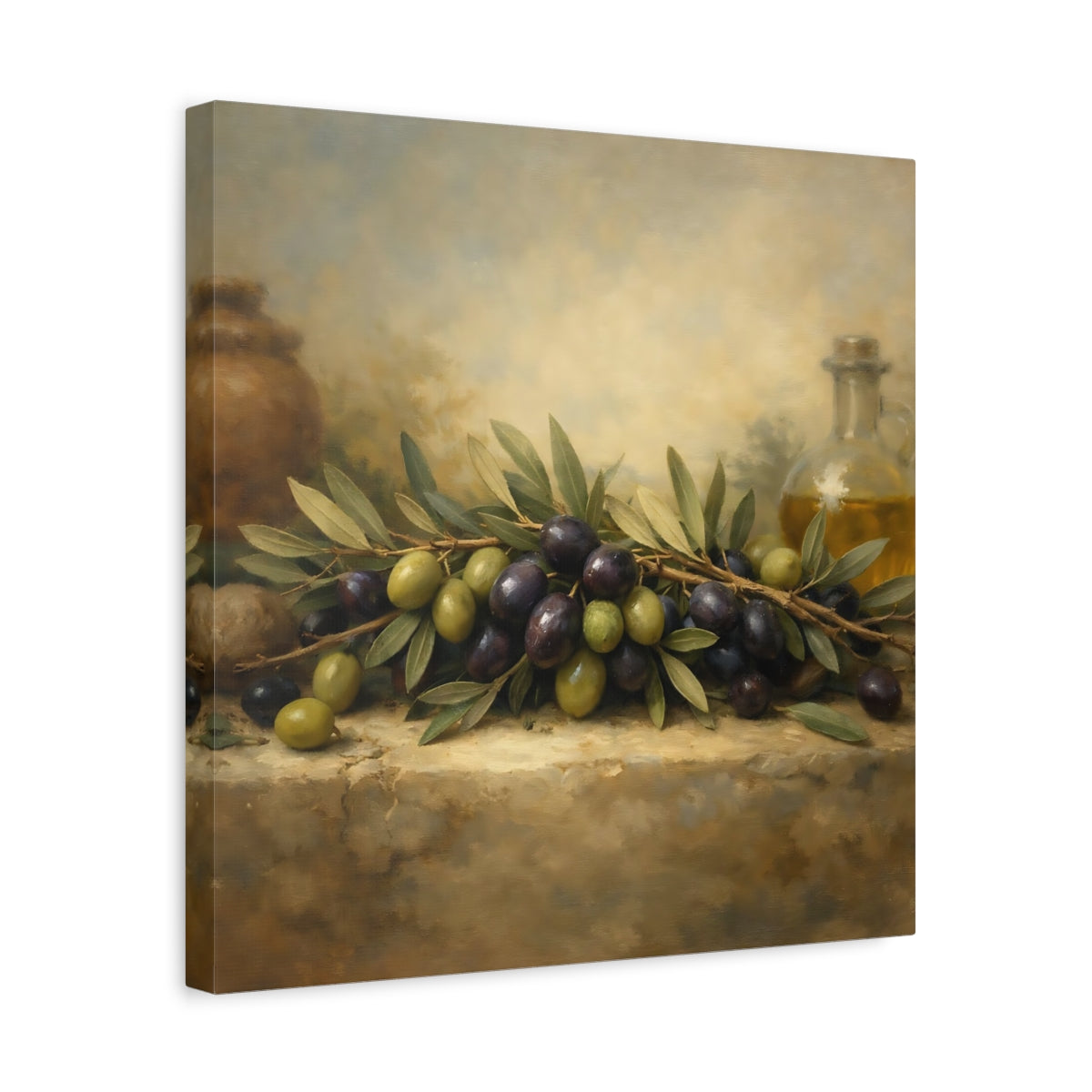 Side Mockup 6. Nature Olives Green And Purple Olives shown as stretched canvas wall art