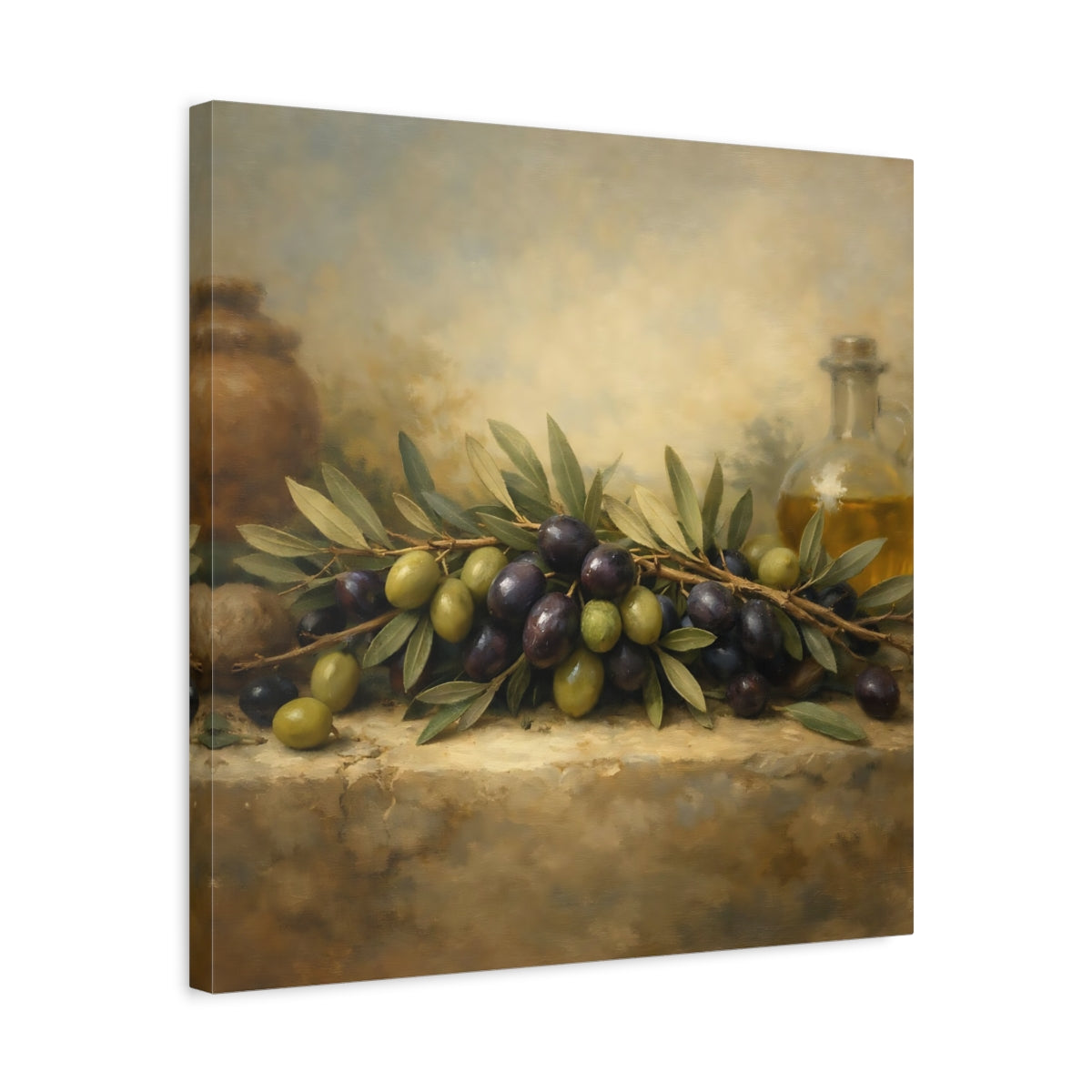 Side Mockup 5. Nature Olives Green And Purple Olives shown as stretched canvas wall art