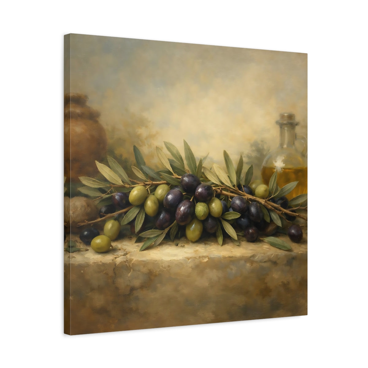 Side Mockup 4. Nature Olives Green And Purple Olives shown as stretched canvas wall art