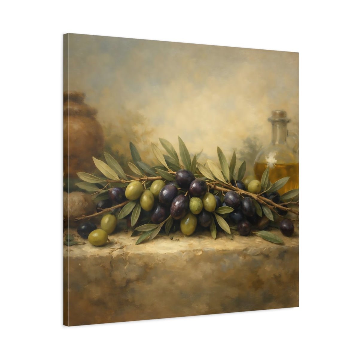 Side Mockup 3. Nature Olives Green And Purple Olives shown as stretched canvas wall art