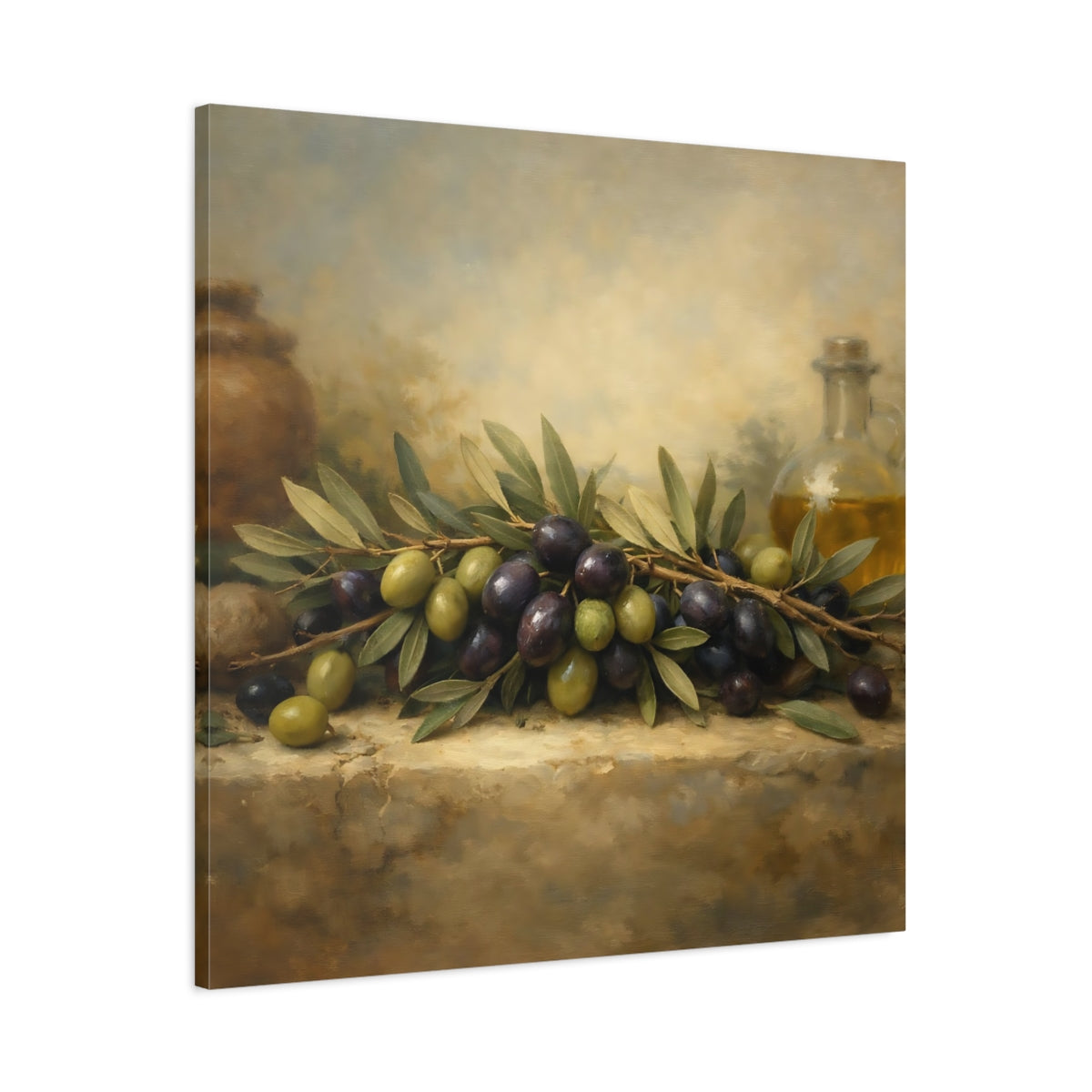 Side Mockup 2. Nature Olives Green And Purple Olives shown as stretched canvas wall art