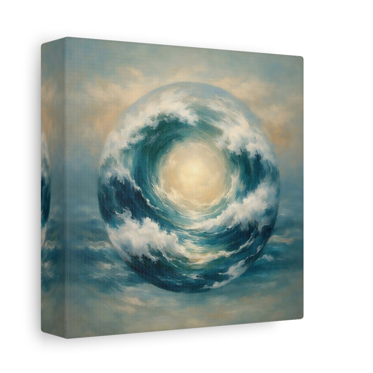 Side Mockup 1. Nature Wave Sphere Blue Ocean Wave shown as stretched canvas wall art