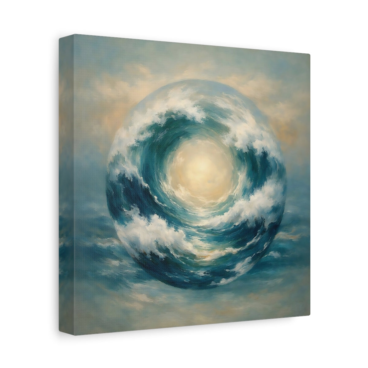 Side Mockup 9. Nature Wave Sphere Blue Ocean Wave shown as stretched canvas wall art