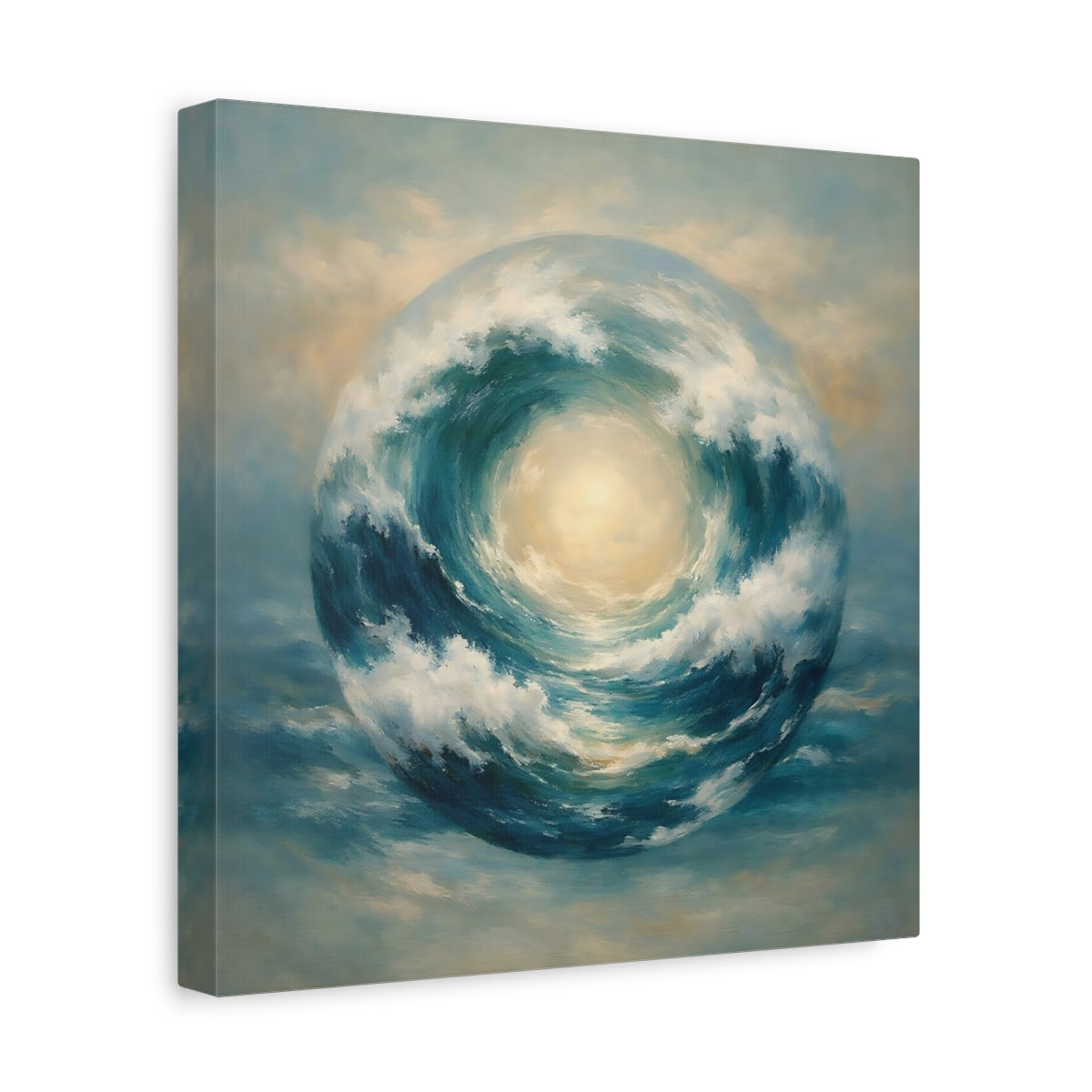 Side Mockup 8. Nature Wave Sphere Blue Ocean Wave shown as stretched canvas wall art
