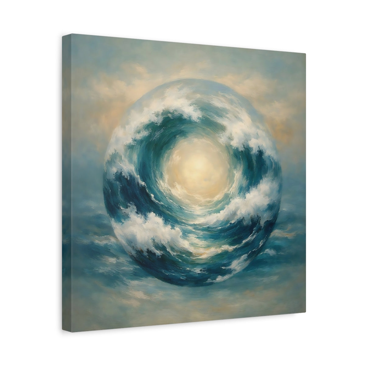 Side Mockup 6. Nature Wave Sphere Blue Ocean Wave shown as stretched canvas wall art