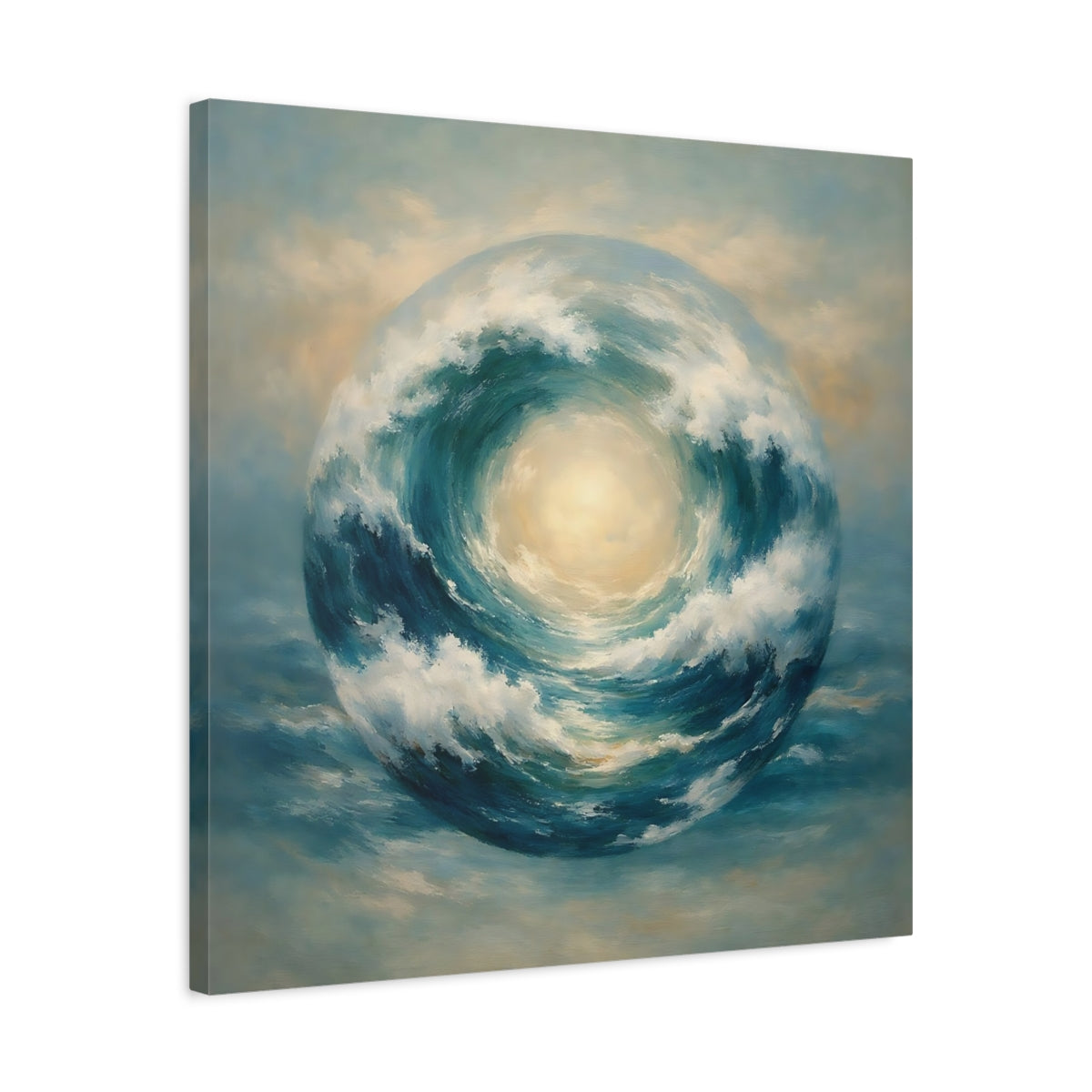 Side Mockup 4. Nature Wave Sphere Blue Ocean Wave shown as stretched canvas wall art