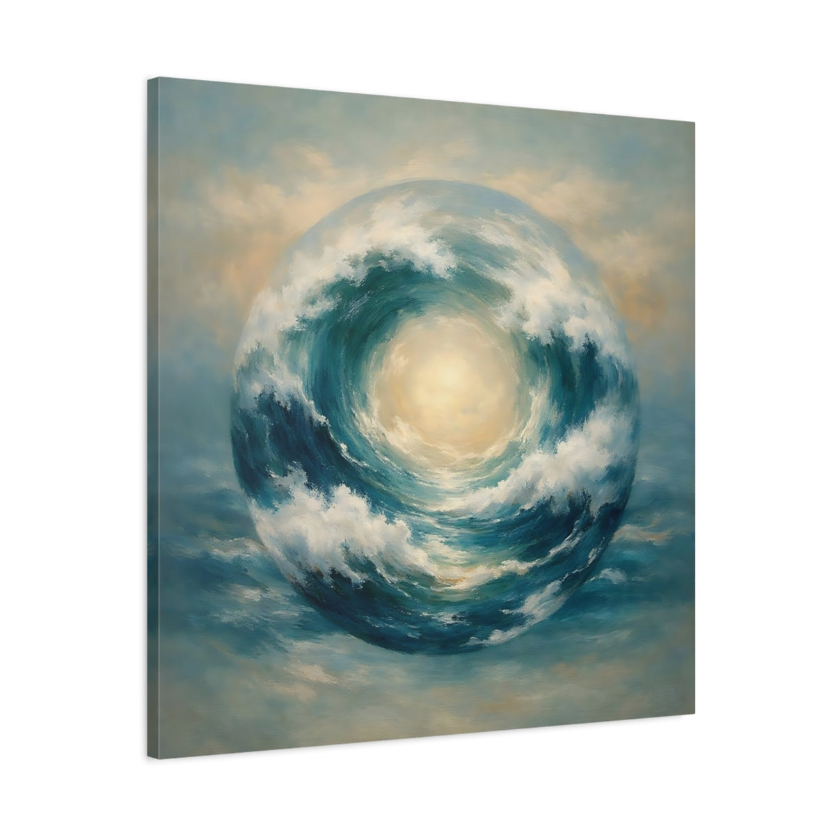 Side Mockup 3. Nature Wave Sphere Blue Ocean Wave shown as stretched canvas wall art