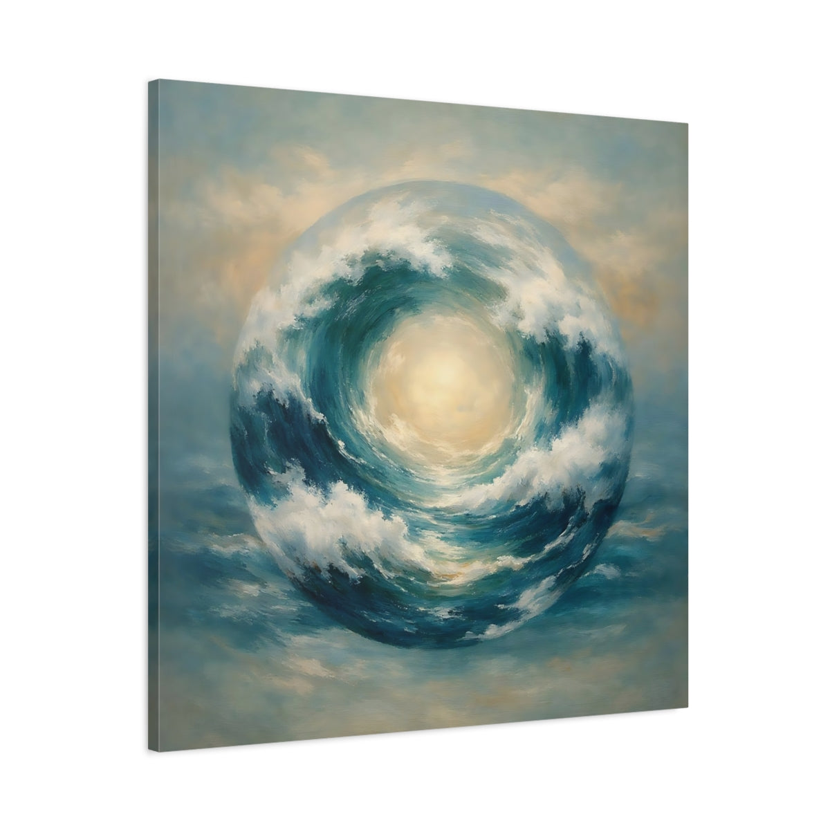 Side Mockup 2. Nature Wave Sphere Blue Ocean Wave shown as stretched canvas wall art