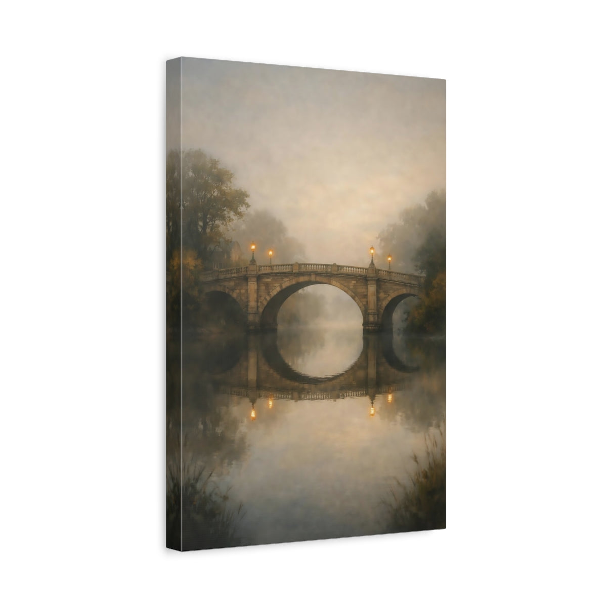 Side Mockup 4. Nature Stone Bridge Misty Stone Bridge shown as stretched canvas wall art