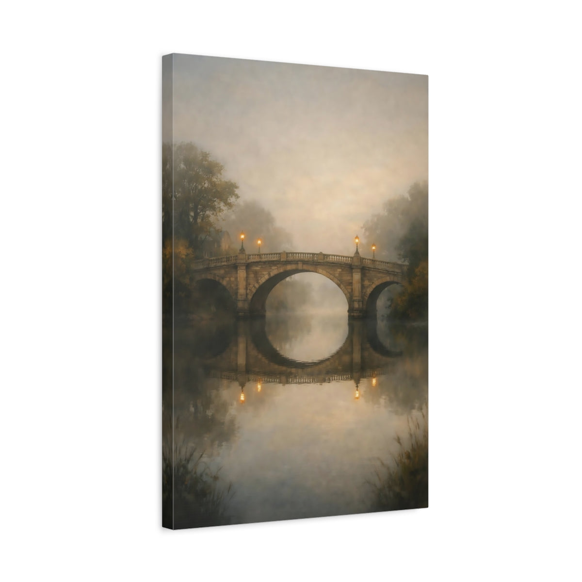 Side Mockup 3. Nature Stone Bridge Misty Stone Bridge shown as stretched canvas wall art