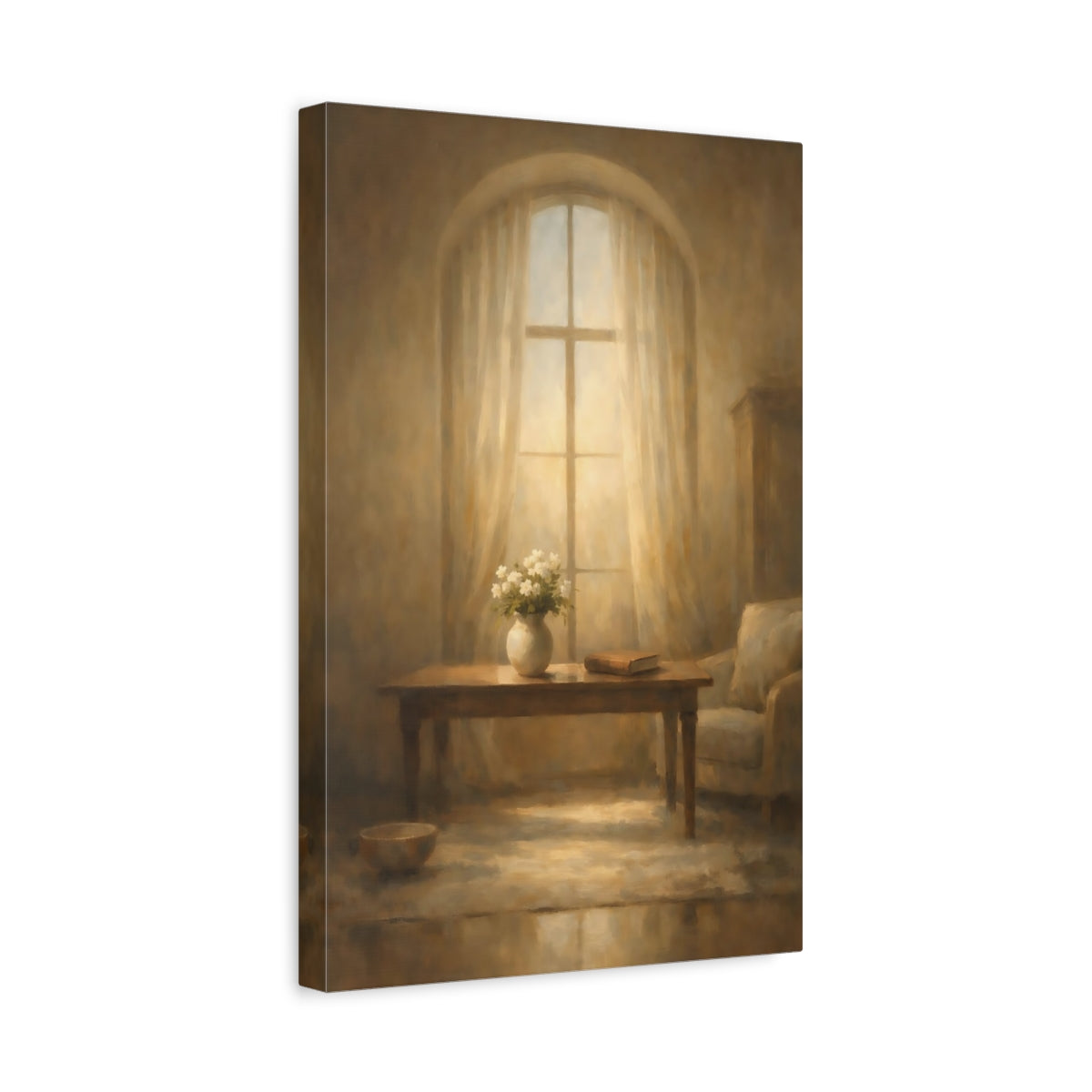 Side Mockup 4. Floral Vase Of Flowers Warm Light Window shown as stretched canvas wall art