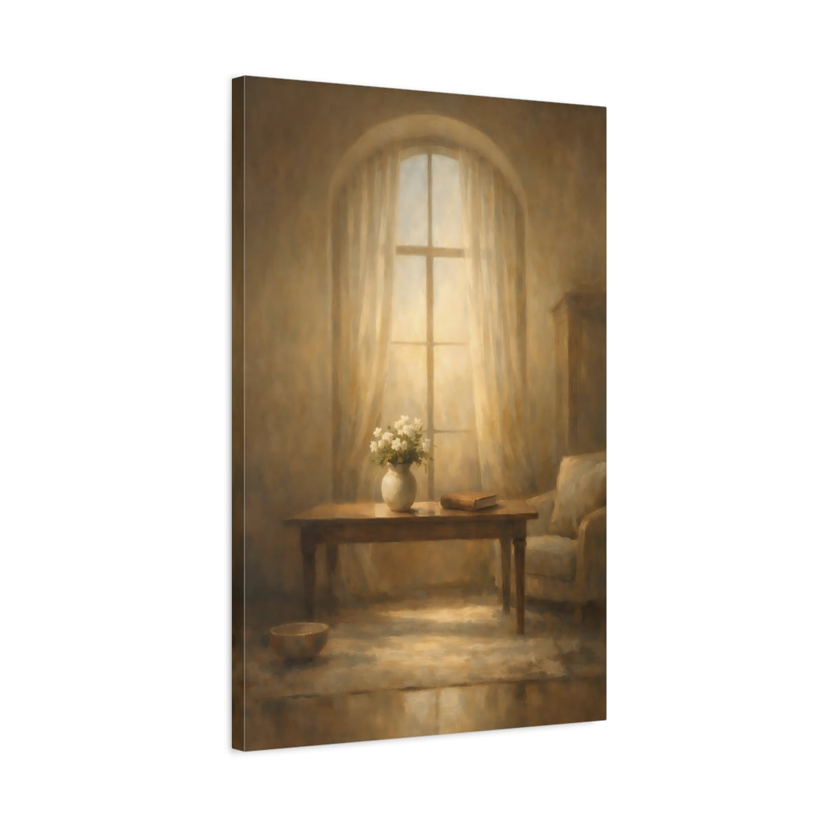 Side Mockup 2. Floral Vase Of Flowers Warm Light Window shown as stretched canvas wall art