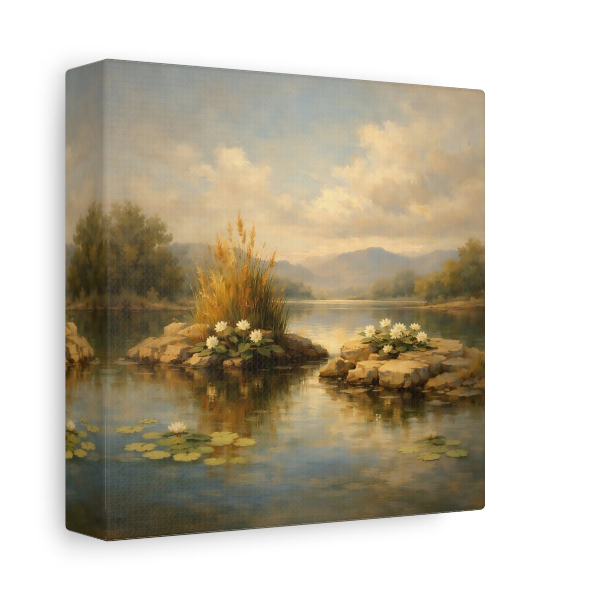 Side Mockup 1. Nature Water Lilies Lake Lily Landscape shown as stretched canvas wall art