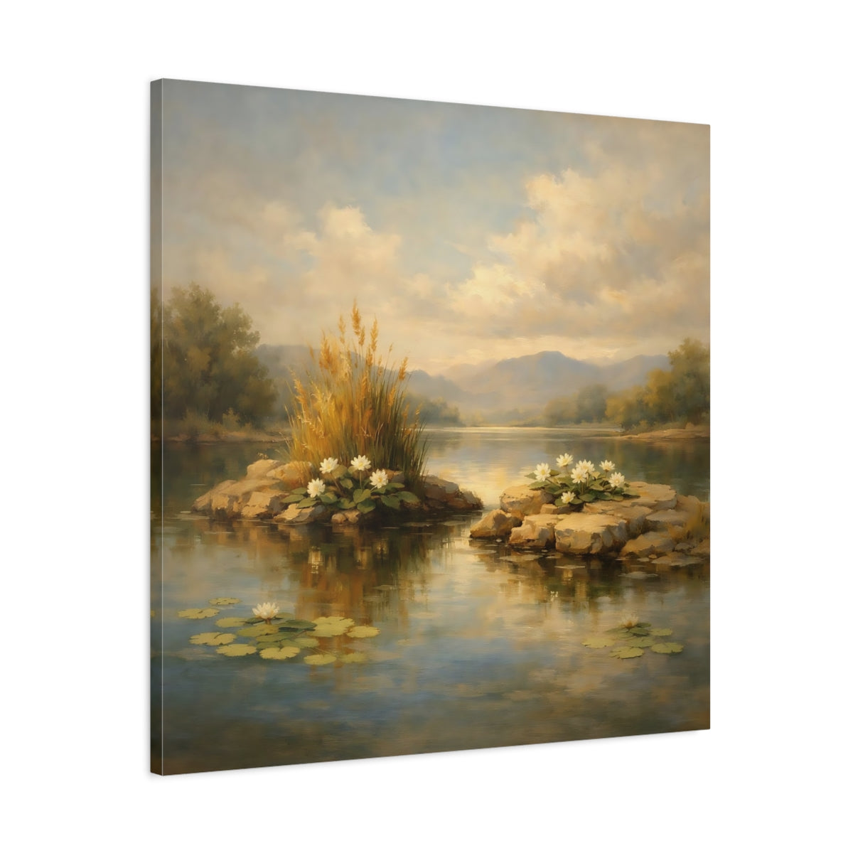 Side Mockup 3. Nature Water Lilies Lake Lily Landscape shown as stretched canvas wall art