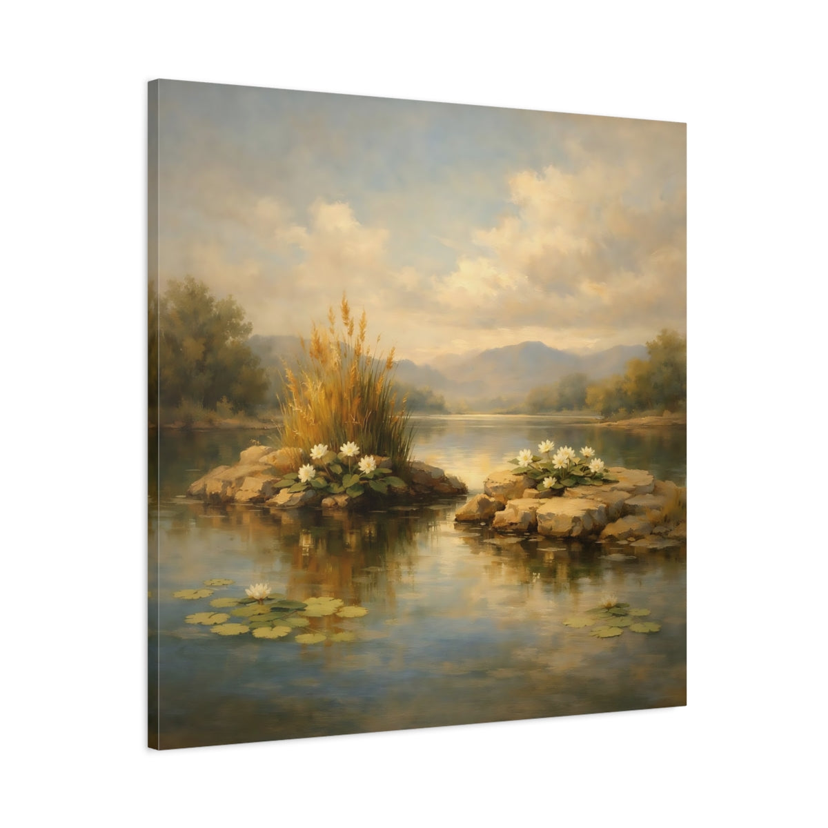 Side Mockup 2. Nature Water Lilies Lake Lily Landscape shown as stretched canvas wall art