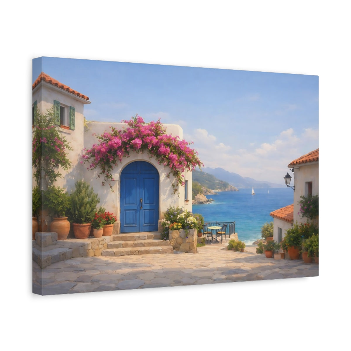 Side Mockup 4. Seascape Mediterranean Village Street shown as stretched canvas wall art
