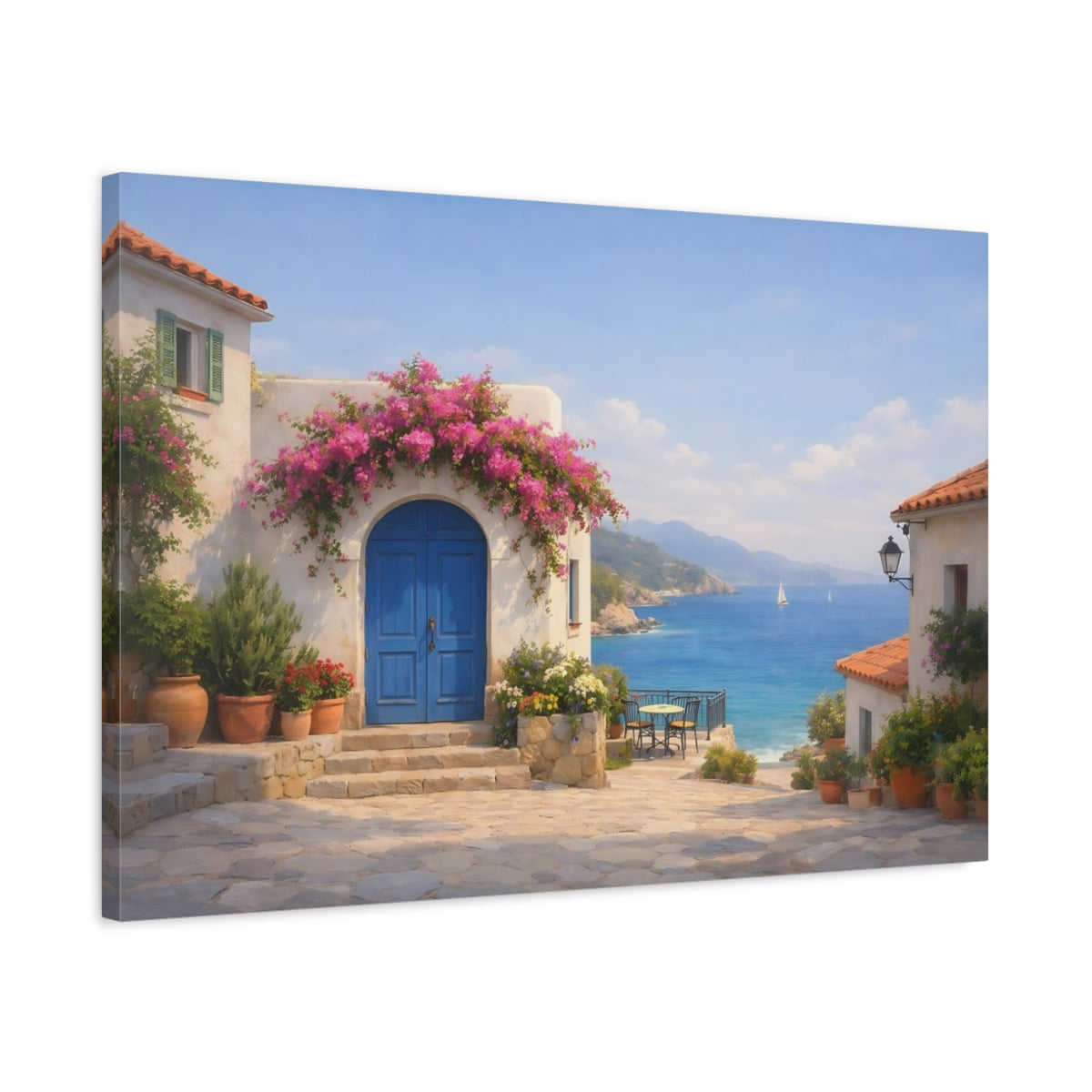 Side Mockup 2. Seascape Mediterranean Village Street shown as stretched canvas wall art