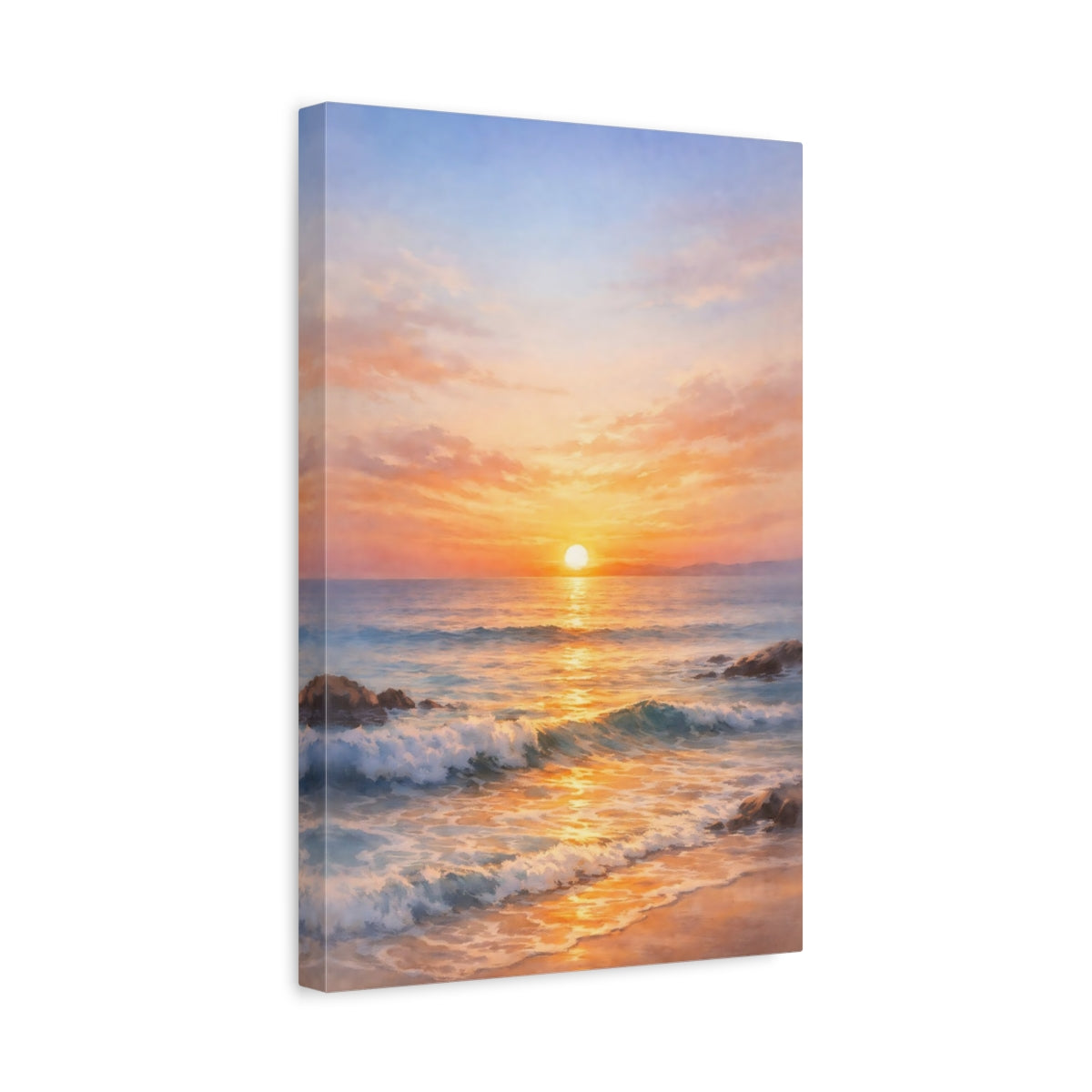 Side Mockup 4. Nature Ocean Sunset Golden Ocean Sunset shown as stretched canvas wall art