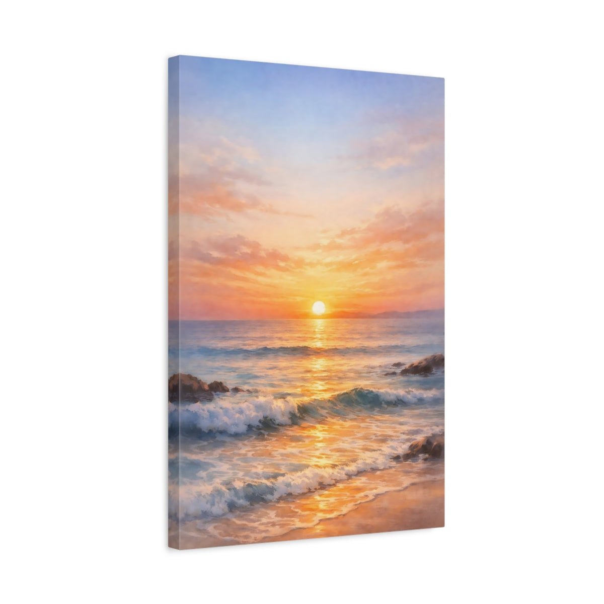 Side Mockup 3. Nature Ocean Sunset Golden Ocean Sunset shown as stretched canvas wall art