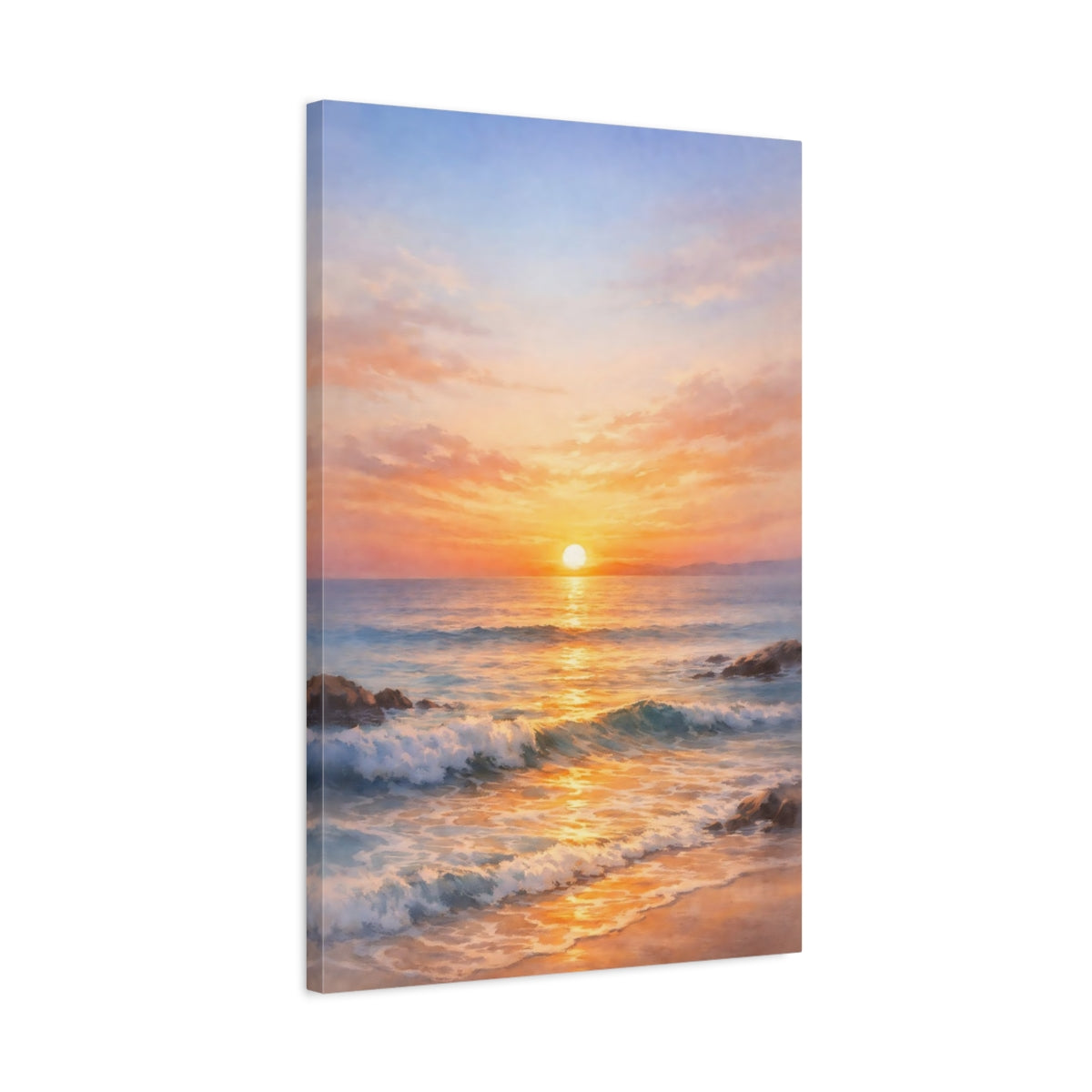 Side Mockup 2. Nature Ocean Sunset Golden Ocean Sunset shown as stretched canvas wall art