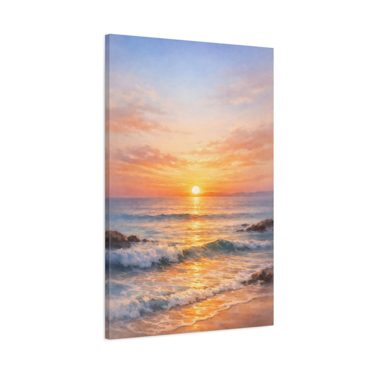 Side Mockup 1. Nature Ocean Sunset Golden Ocean Sunset shown as stretched canvas wall art