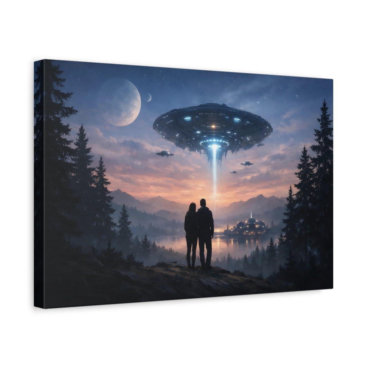 Science Fiction Sky Forest Ufos - Canvas Wall Art Print