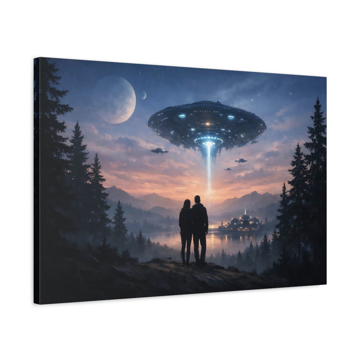 Science Fiction Sky Forest Ufos - Canvas Wall Art Print