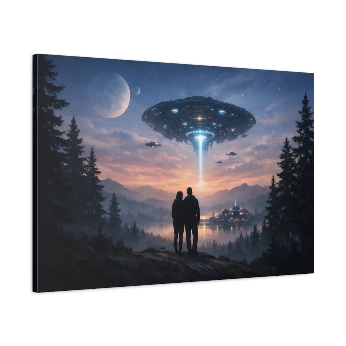 Science Fiction Sky Forest Ufos - Canvas Wall Art Print