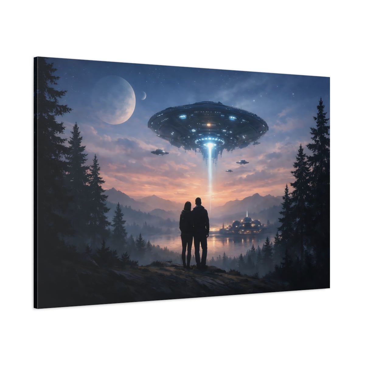 Science Fiction Sky Forest Ufos - Canvas Wall Art Print