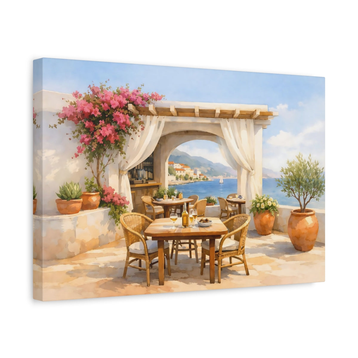 Watercolor Mediterranean Cafe Terrace Coastal Nature - Canvas Wall Art Print