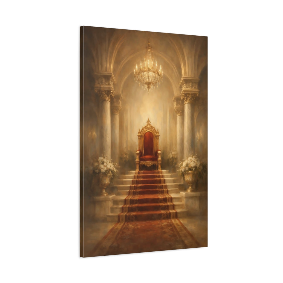 Side Mockup 1. Fairytale Regal Throne Gold And Red shown as stretched canvas wall art