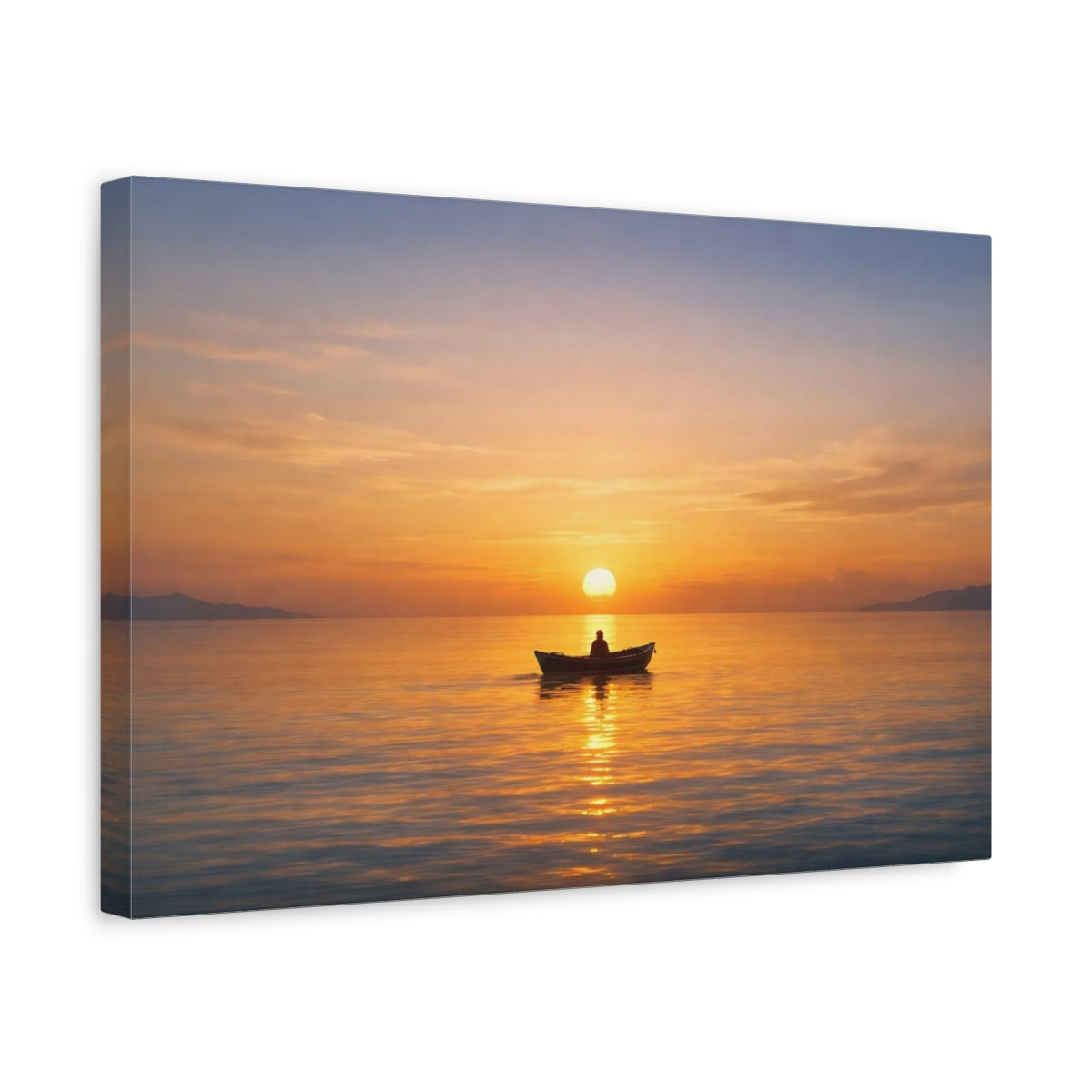 Lumière Dorée Bateau Horizon Océan Coucher de Soleil Nature - Impression sur Toile