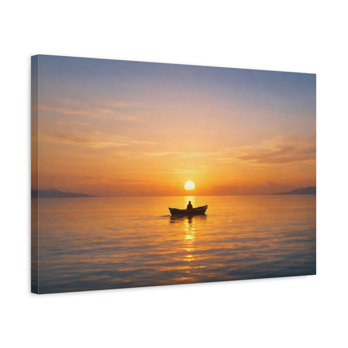 Lumière Dorée Bateau Horizon Océan Coucher de Soleil Nature - Impression sur Toile