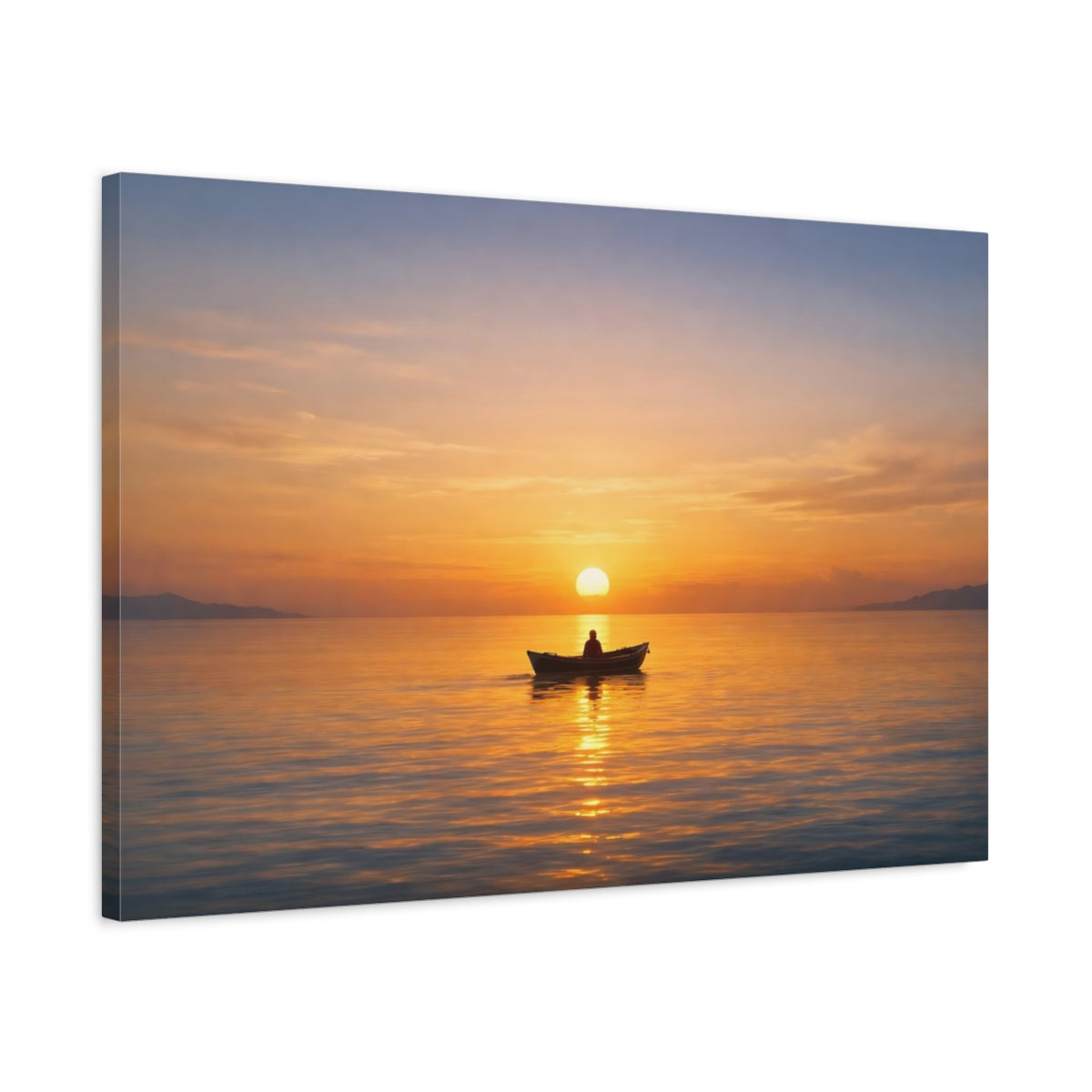 Lumière Dorée Bateau Horizon Océan Coucher de Soleil Nature - Impression sur Toile