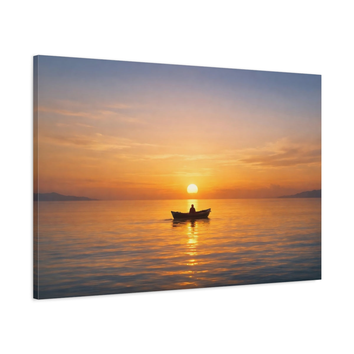 Lumière Dorée Bateau Horizon Océan Coucher de Soleil Nature - Impression sur Toile